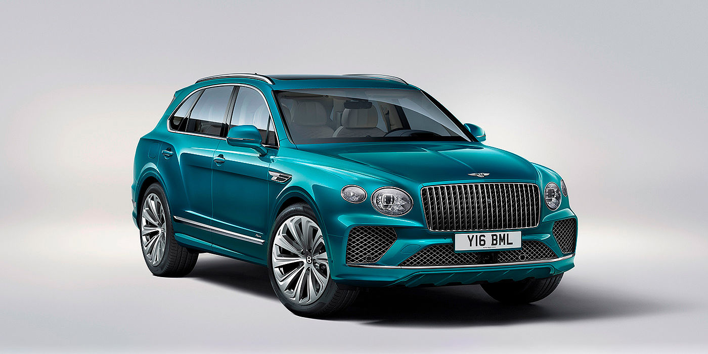 Bentley Beijing - Sanlitun Bentley Bentayga Azure front three-quarter view, featuring a fluted chrome grille with a matrix lower grille and chrome accents in Topaz blue paint.