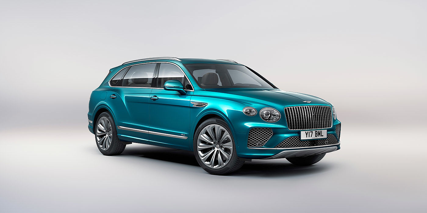 Bentley Beijing - Sanlitun Bentley Bentayga EWB Azure front three-quarter view, featuring a fluted chrome grille with a matrix lower grille and chrome accents in Topaz blue paint.