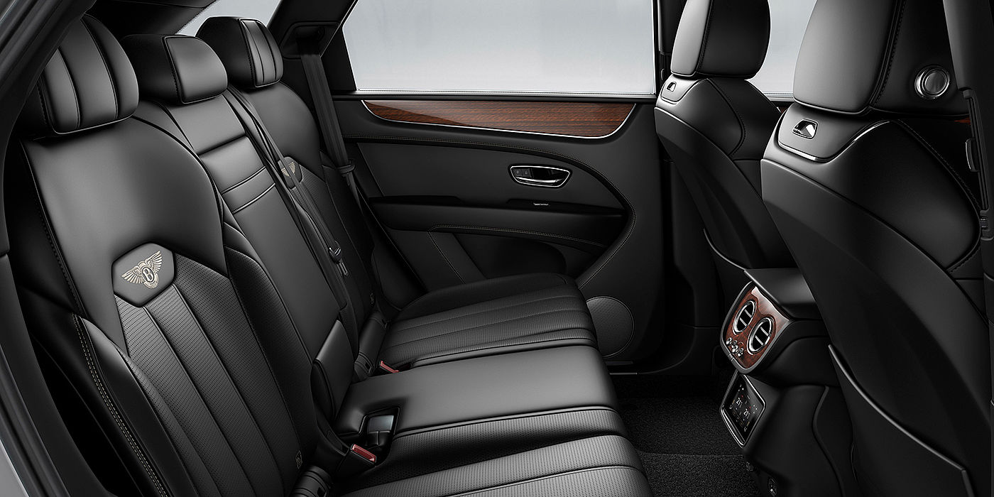 Bentley Beijing - Sanlitun Bentey Bentayga interior view for rear passengers with Beluga black hide.