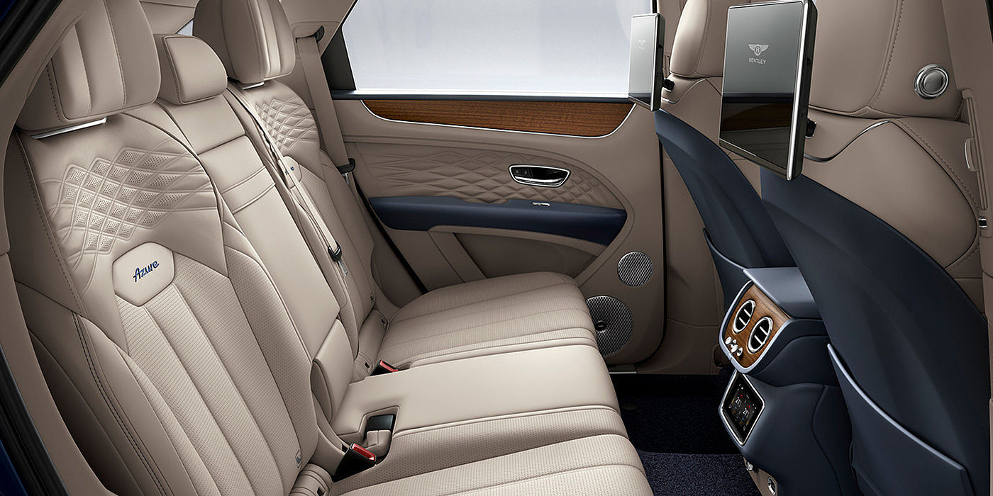 Bentley Beijing - Sanlitun Bentey Bentayga Azure interior view for rear passengers with Portland hide and Rear Seat Entertainment. 